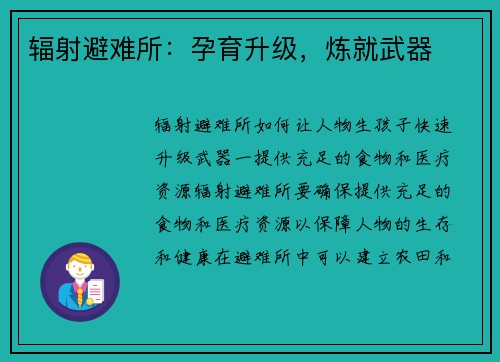 辐射避难所：孕育升级，炼就武器